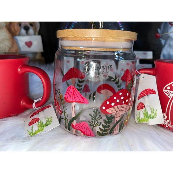 Seeds & Sunshine Mushroom Toadstool 2 Coffee Mugs & 1 Glass Mushroom Cannister - Picture 4 of 12